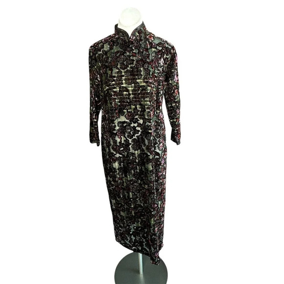 Asian Vietnamese Black Velvet Burnout Cheongsam Ao Dai Maxi Long Dress NWT - Picture 1 of 9